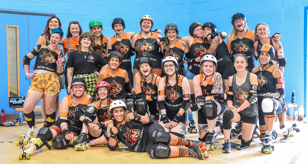 Tiger Bay Brawlers team photo after playing in Five Nations Roller Derby tournament